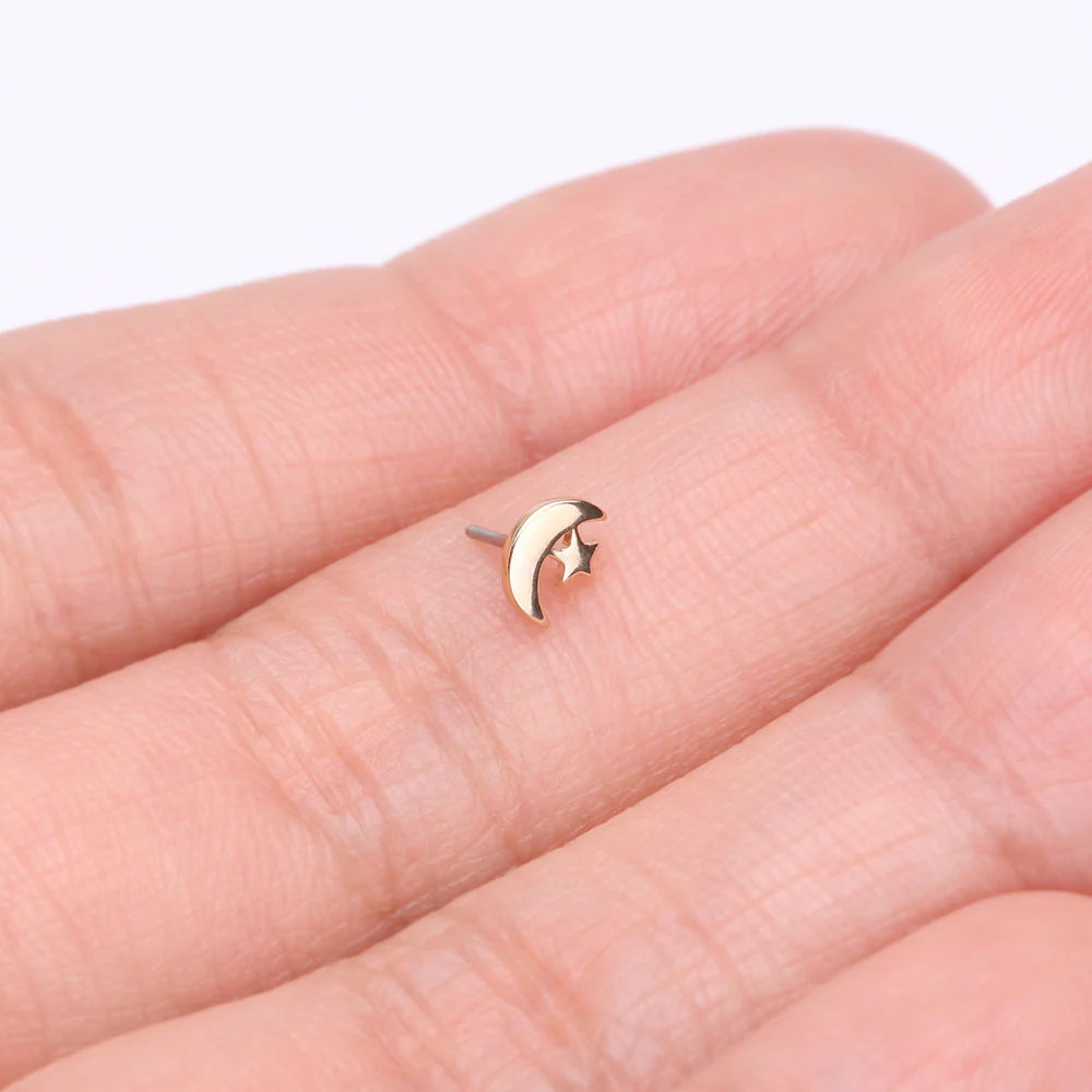 14 Karat Gold OneFit Threadless Crescent Moon and Dainty Star Top Part - Image 4