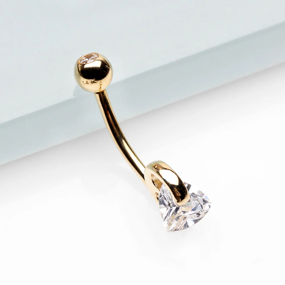 14 Karat Gold Triangle Gem Huggie Prong Belly Button Ring - Image 3