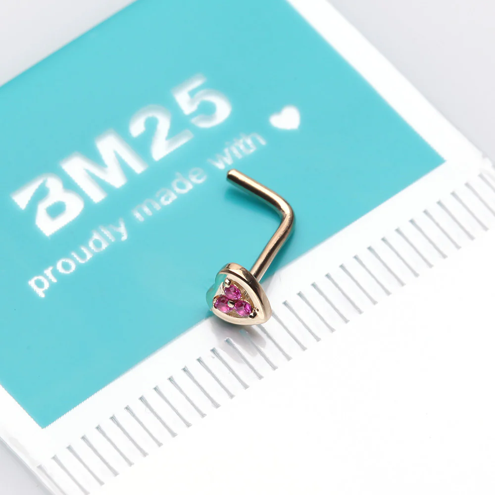 14 Karat Gold Trinity Sparkle Heart L-Shaped Nose Ring* - Image 3