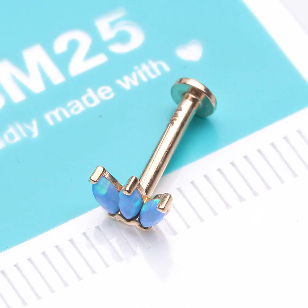 14 Karat Gold OneFit Threadless Triple Marquise Fire Opal Flower Flat Back Stud Labret - Image 3