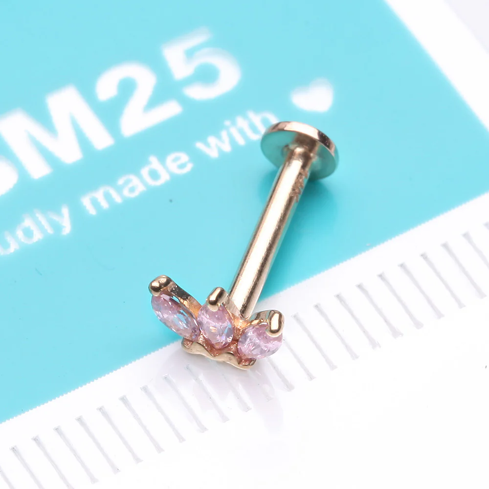 14 Karat Gold OneFit Threadless Triple Marquise Sparkle Flower Flat Back Stud Labret - Image 3