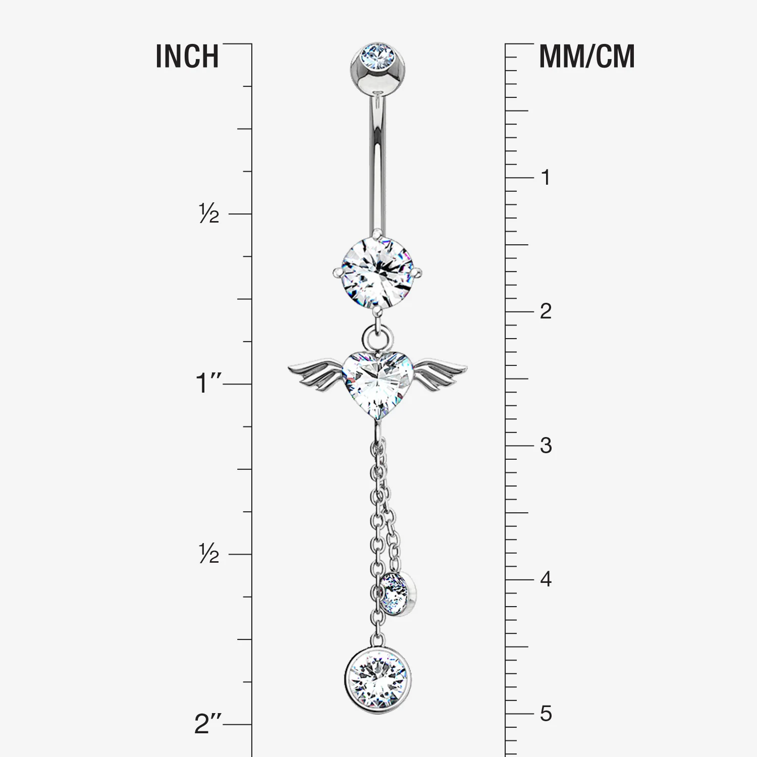 14 Karat White Gold Angel Wing Heart Sparkle Dangle Belly Button Ring - Image 2
