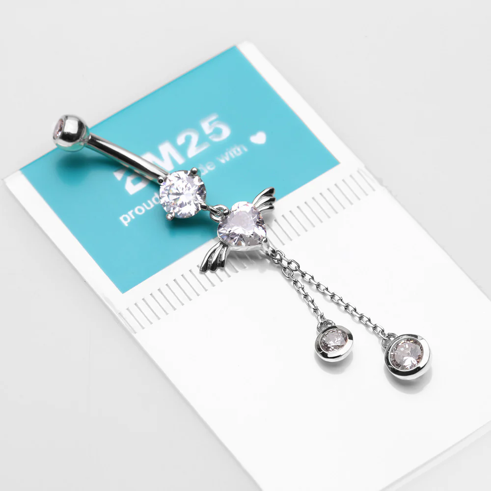 14 Karat White Gold Angel Wing Heart Sparkle Dangle Belly Button Ring - Image 4