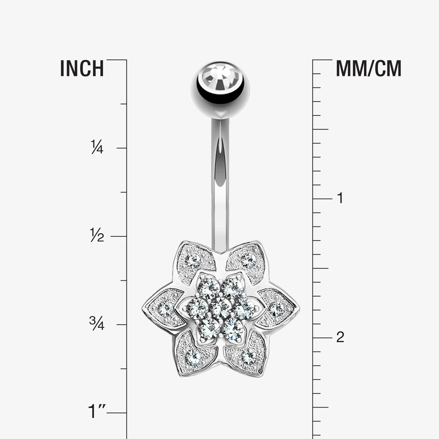 14 Karat White Gold Bali Zen Flower Sparkle Belly Button Ring - Image 2