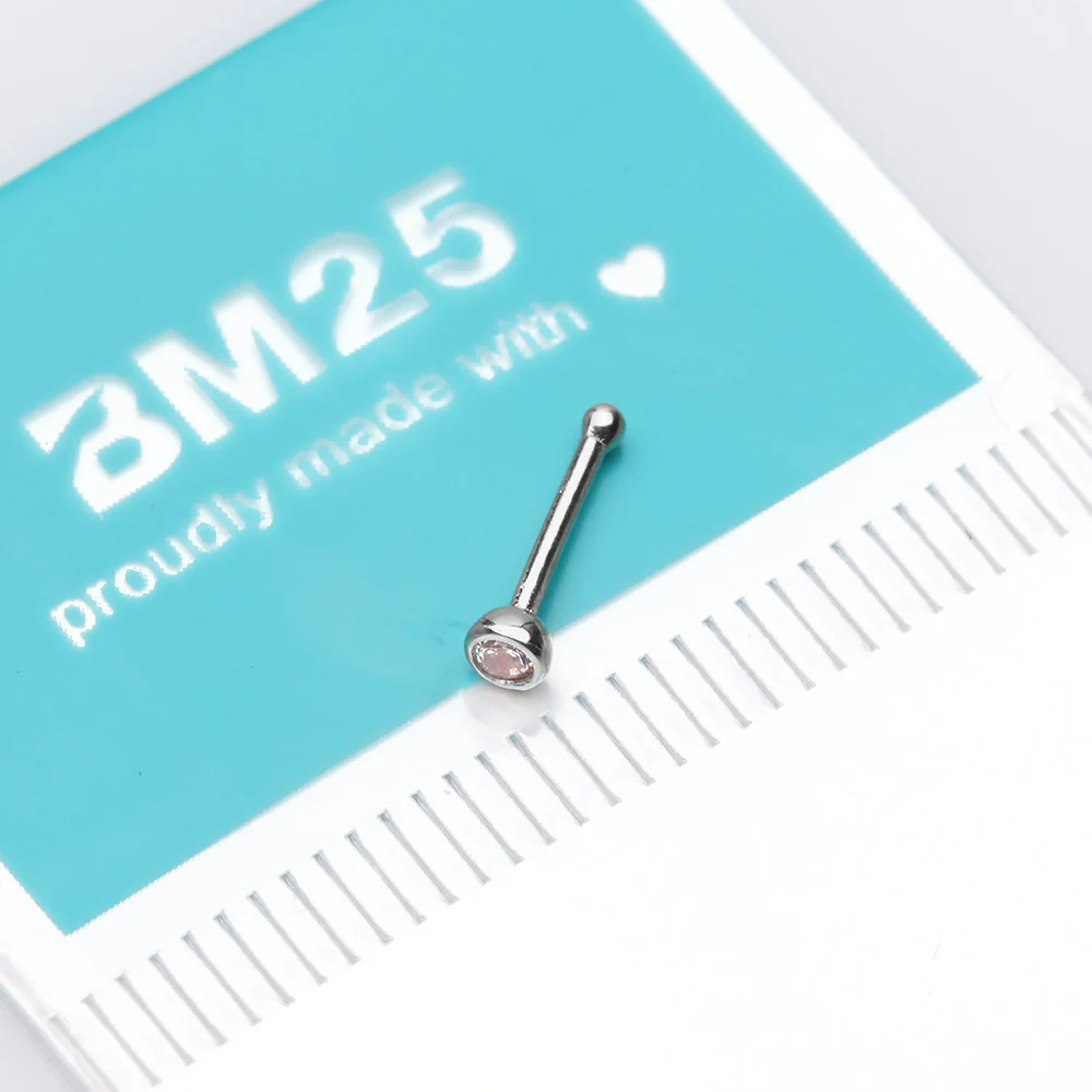 14 Karat White Gold Bezel Set Round Gem Nose Stud Ring - Image 3