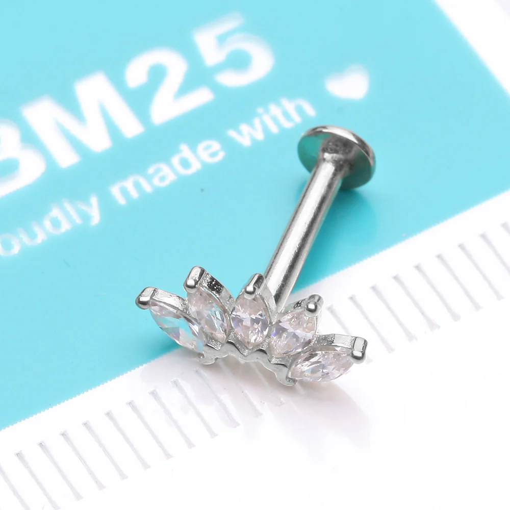 14 Karat White Gold OneFit Threadless Brilliant Marquise Sparkle Flower Flat Back Stud Labret - Image 3