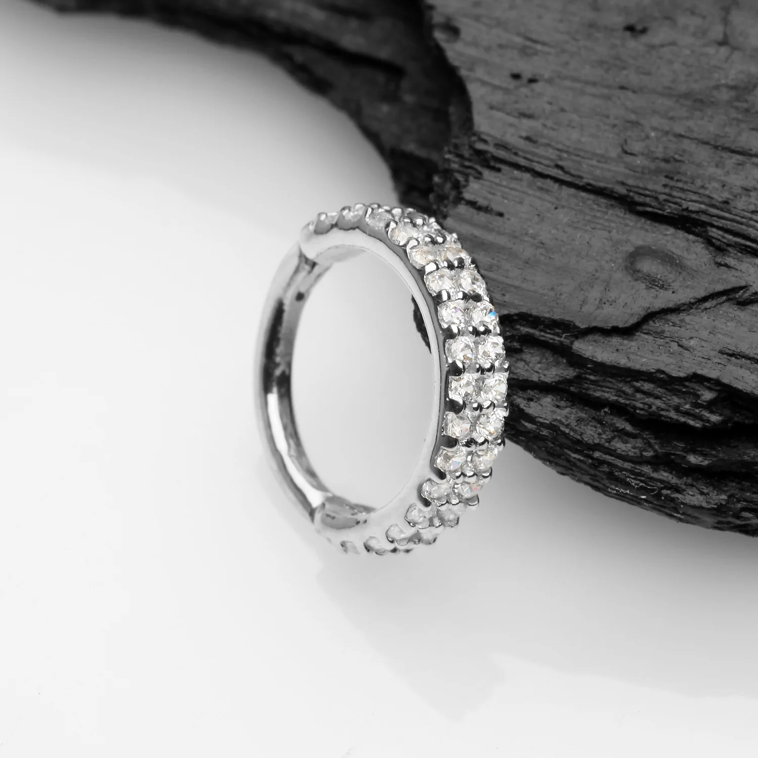 14 Karat White Gold Brilliant Sparkle Double Lined Gems Seamless Clicker Hoop Ring - Image 2