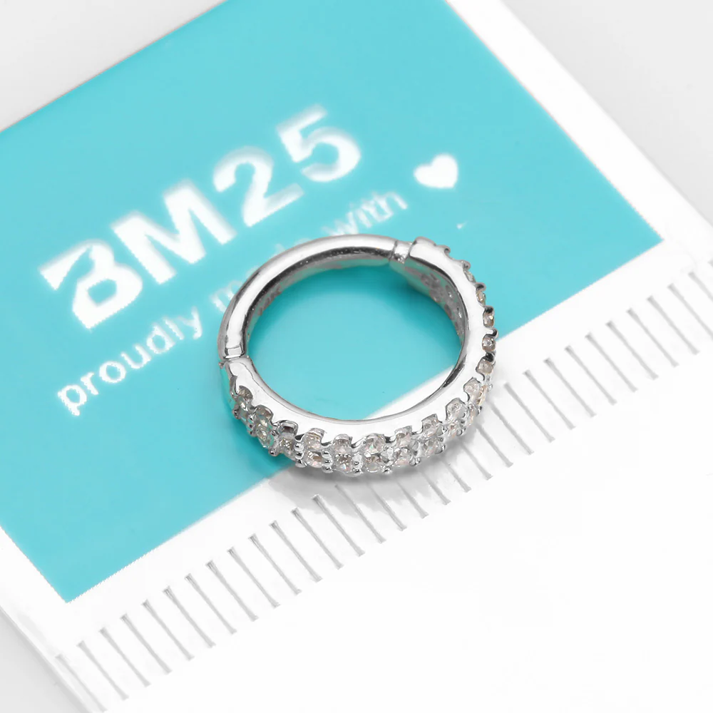 14 Karat White Gold Brilliant Sparkle Double Lined Gems Seamless Clicker Hoop Ring - Image 3