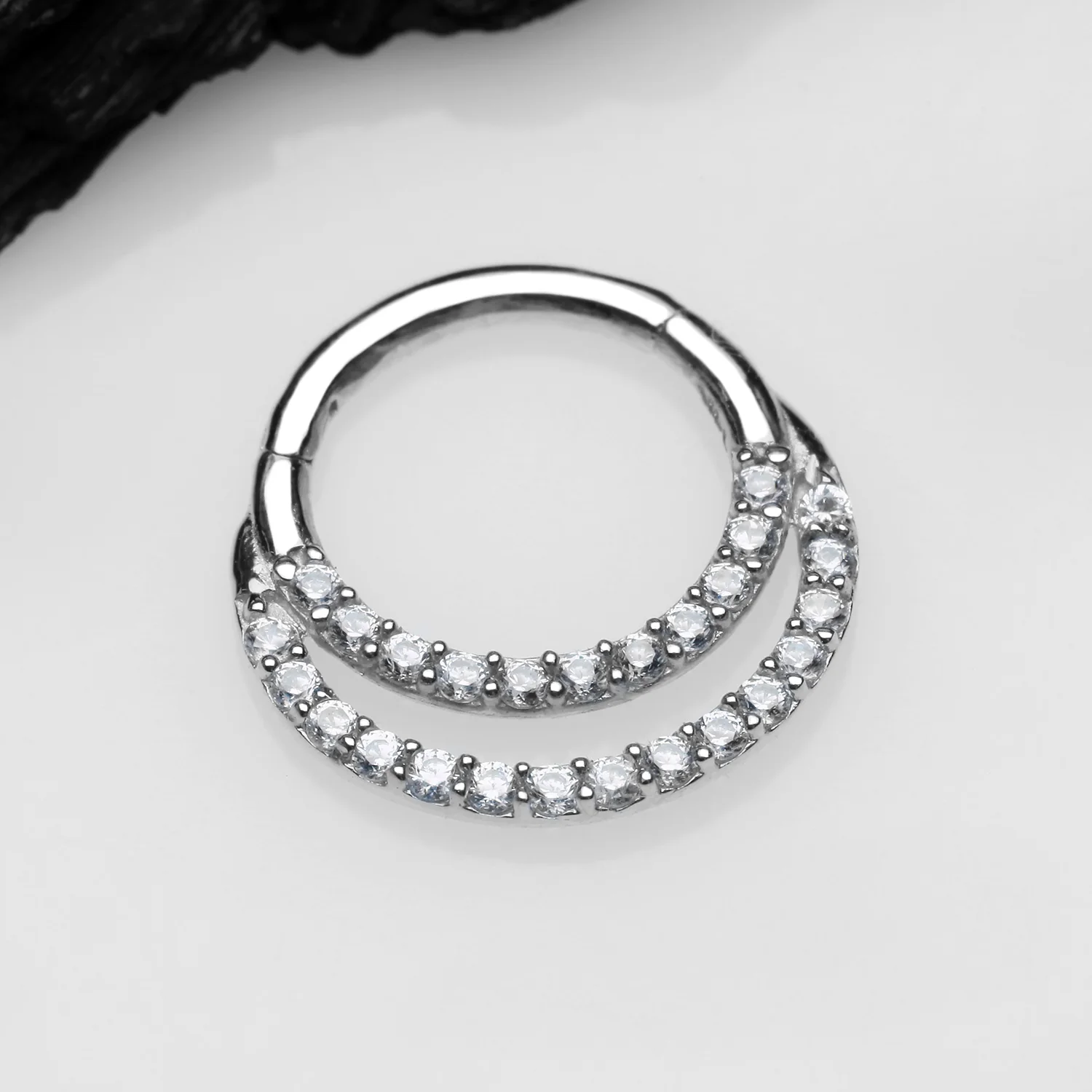 14 Karat White Gold Brilliant Sparkle Double Loop Lined Gems Seamless Clicker Hoop Ring - Image 2
