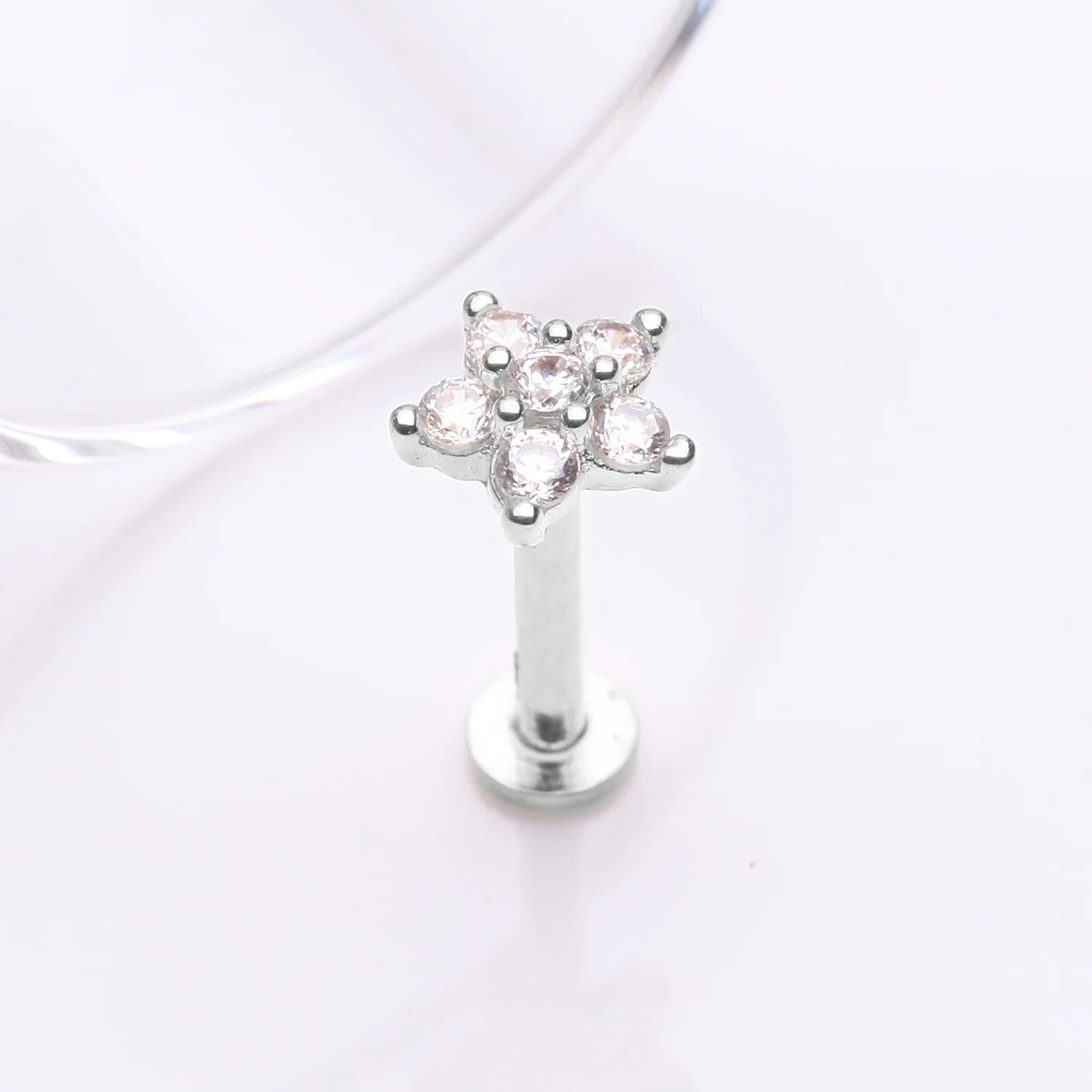 14 Karat White Gold OneFit Threadless Brilliant Sparkle Flower Flat Back Stud Labret - Image 2