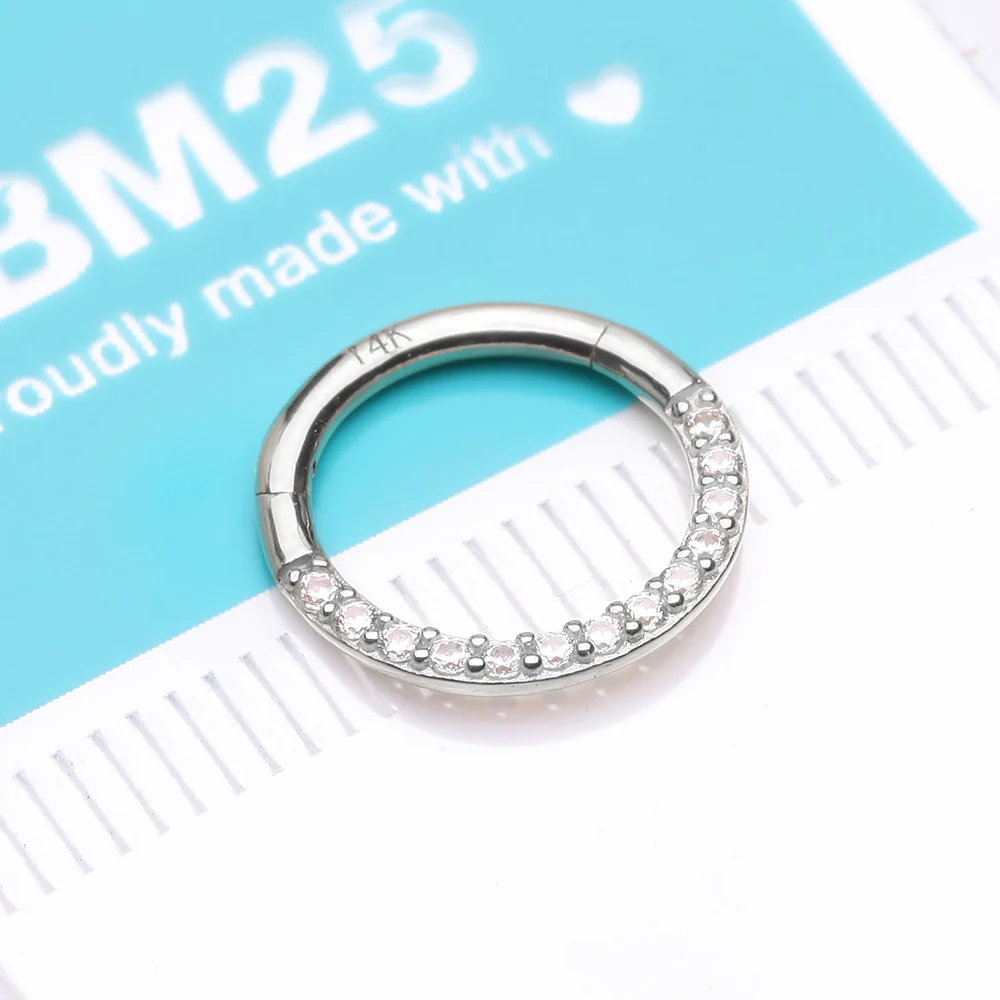 14 Karat White Gold Brilliant Sparkle Gems Front Lined Clicker Hoop Ring - Image 3