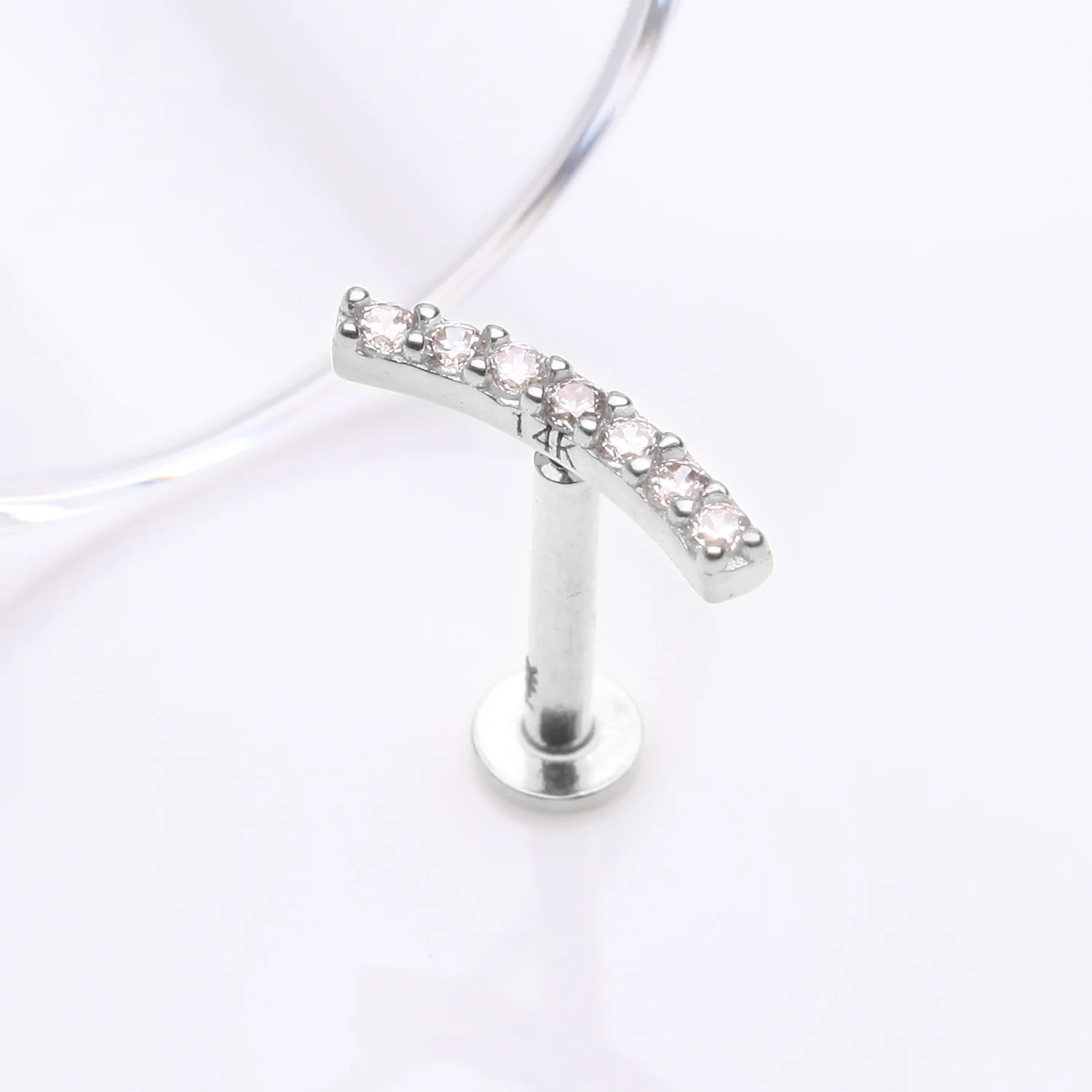 14 Karat White Gold OneFit Threadless Brilliant Sparkle Gems Journey Curve Flat Back Stud Labret - Image 2