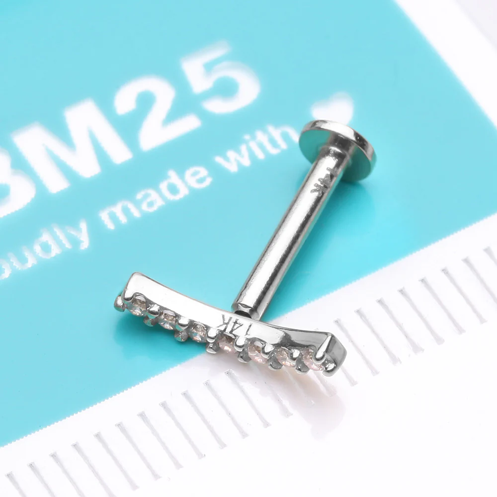 14 Karat White Gold OneFit Threadless Brilliant Sparkle Gems Journey Curve Flat Back Stud Labret - Image 3