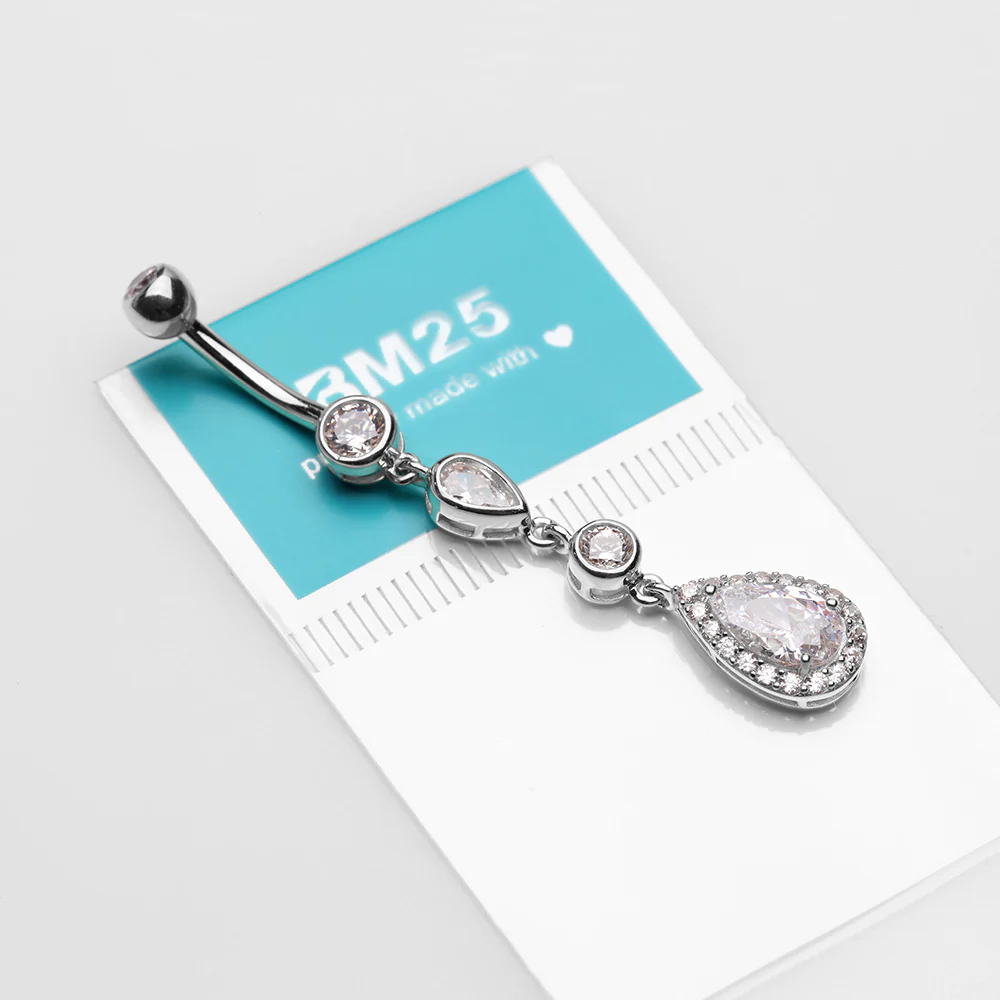 14 Karat White Gold Brilliant Teardrop Cascading Sparkle Belly Button Ring - Image 4