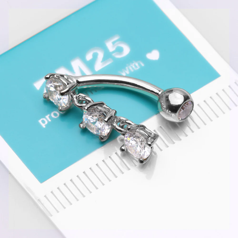 14 Karat White Gold Brilliant Triple Dangle Sparkle Top-Down Reverse Belly Button Ring - Image 4