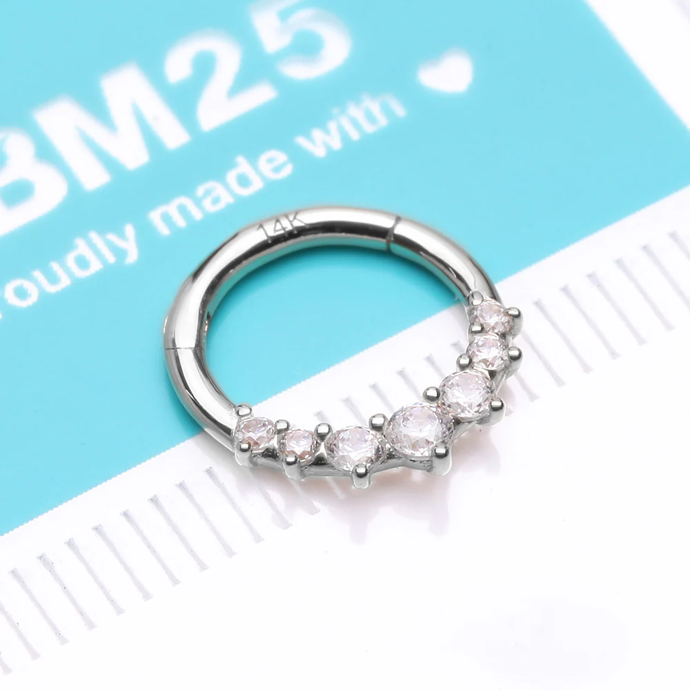 14 Karat White Gold Cascading Multi-Gem Prong Set Lined Seamless Clicker Hoop Ring - Image 3