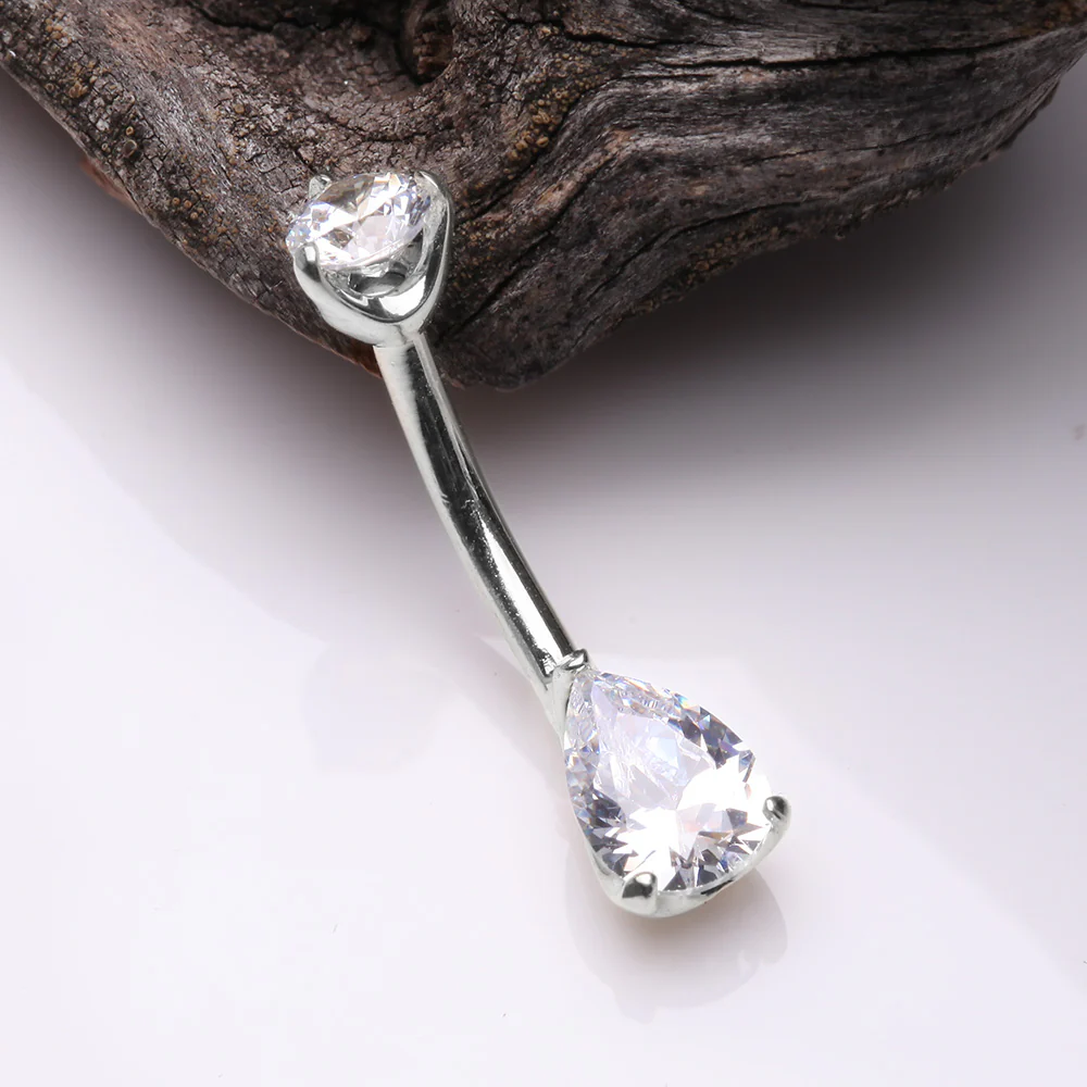 14 Karat White Gold Dainty Brilliant Teardrop Sparkle Belly Button Ring - Image 3