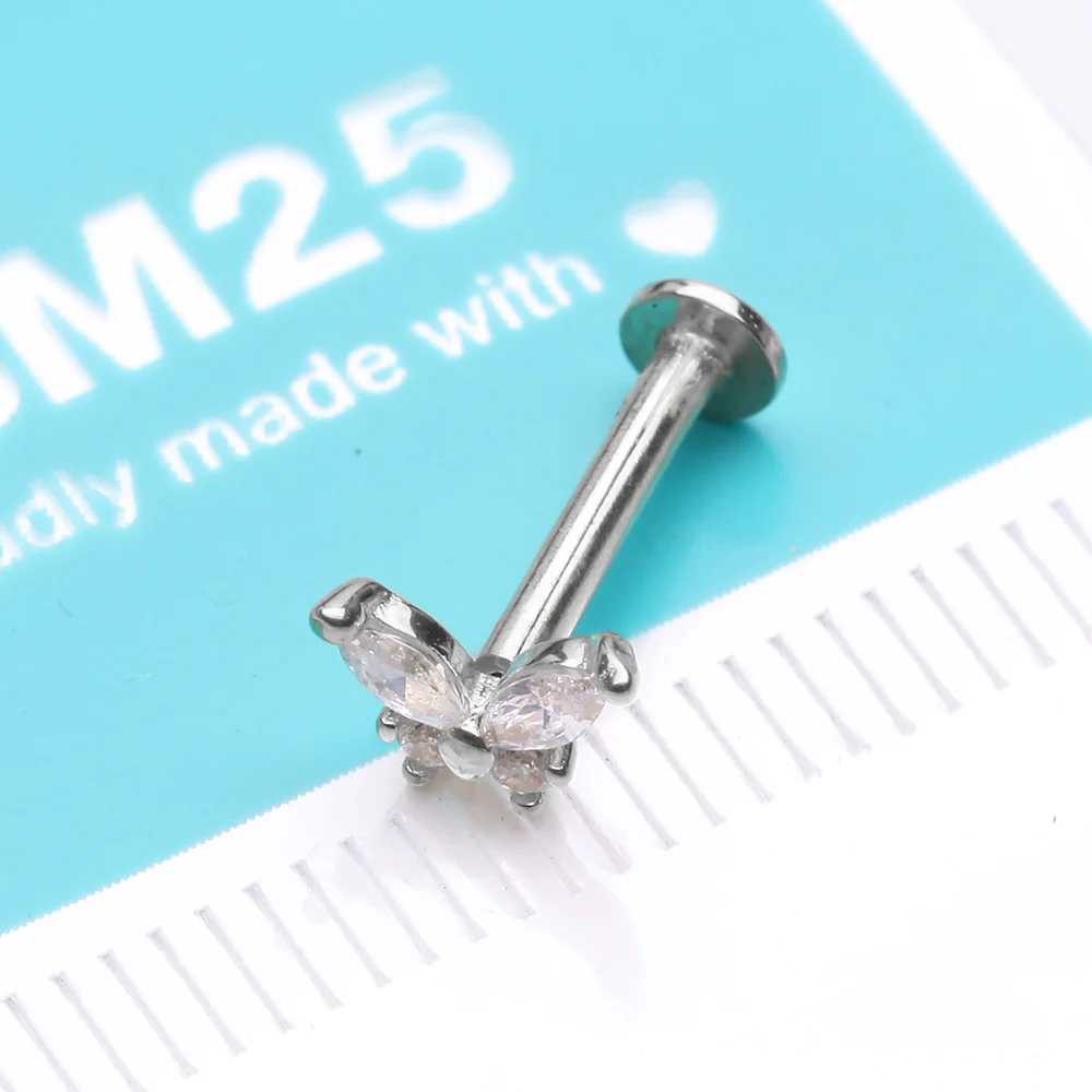 14 Karat White Gold OneFit Threadless Dainty Butterfly Sparkle Flat Back Stud Labret - Image 3