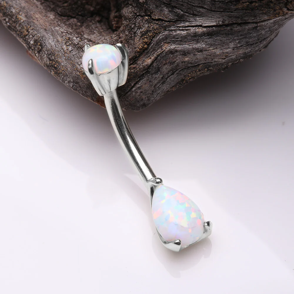 14 Karat White Gold Dainty Fire Opal Teardrop Sparkle Belly Button Ring - Image 3