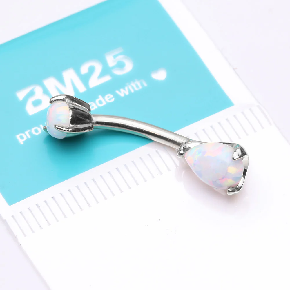 14 Karat White Gold Dainty Fire Opal Teardrop Sparkle Belly Button Ring - Image 4