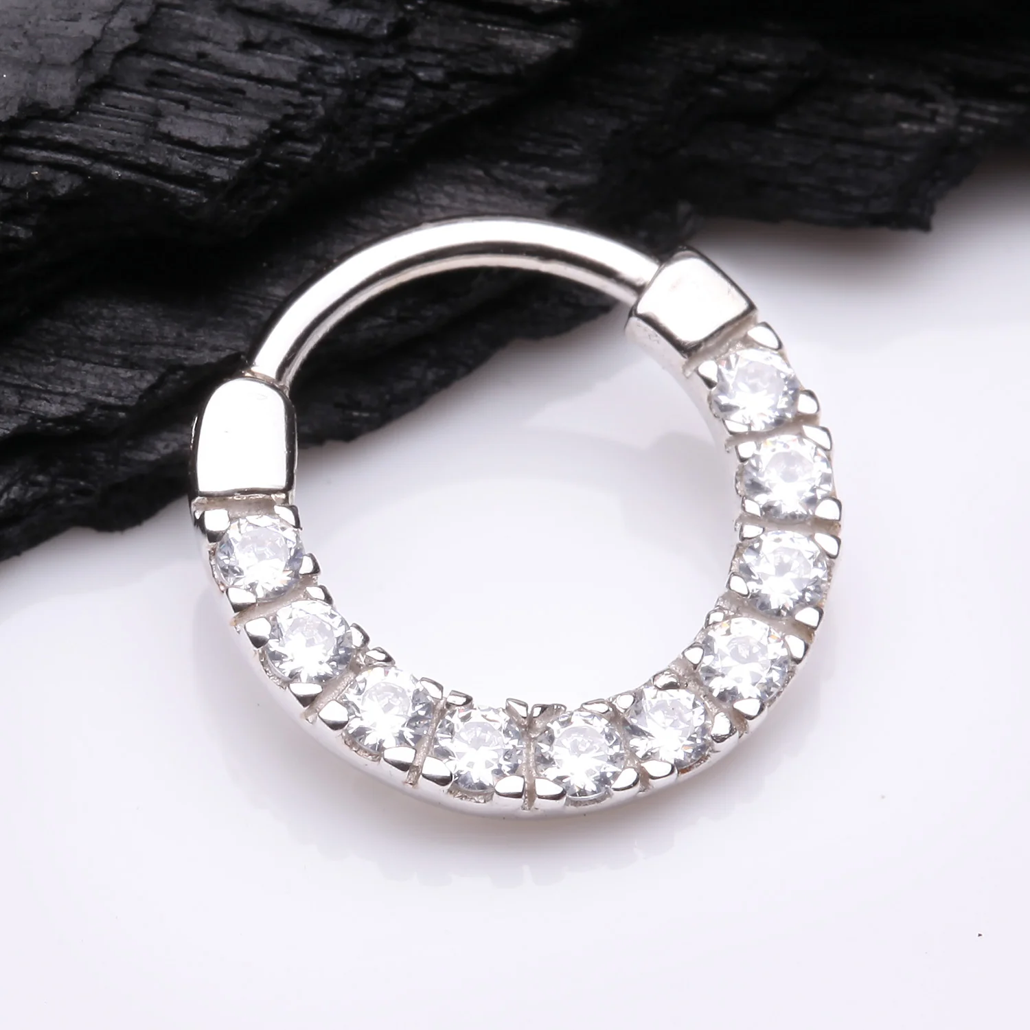 14 Karat White Gold Dios Sparkle Gems Paved Clicker Hoop Ring - Image 2