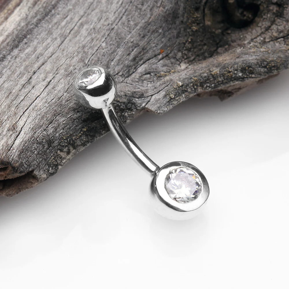 14 Karat White Gold Double Gem Ball Sparkle Basic Belly Button Ring - Image 3