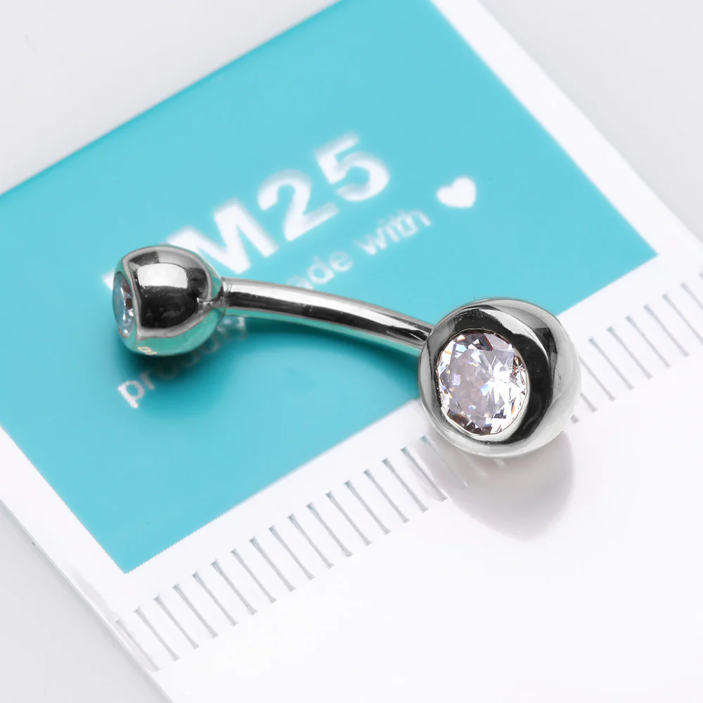 14 Karat White Gold Double Gem Ball Sparkle Basic Belly Button Ring - Image 4