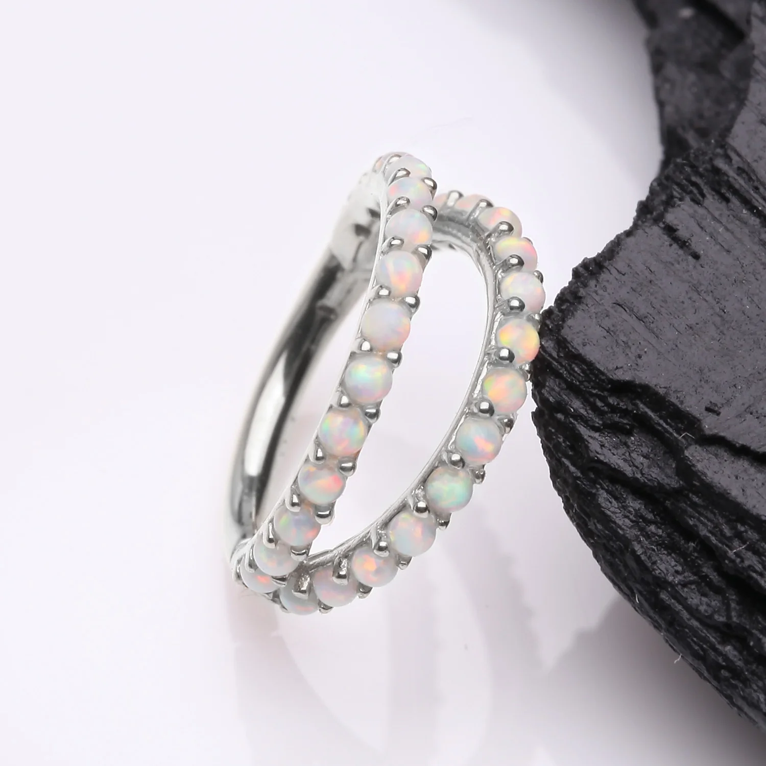 14 Karat White Gold Fire Opal Double Hoop Seamless Clicker Hoop Ring - Image 2