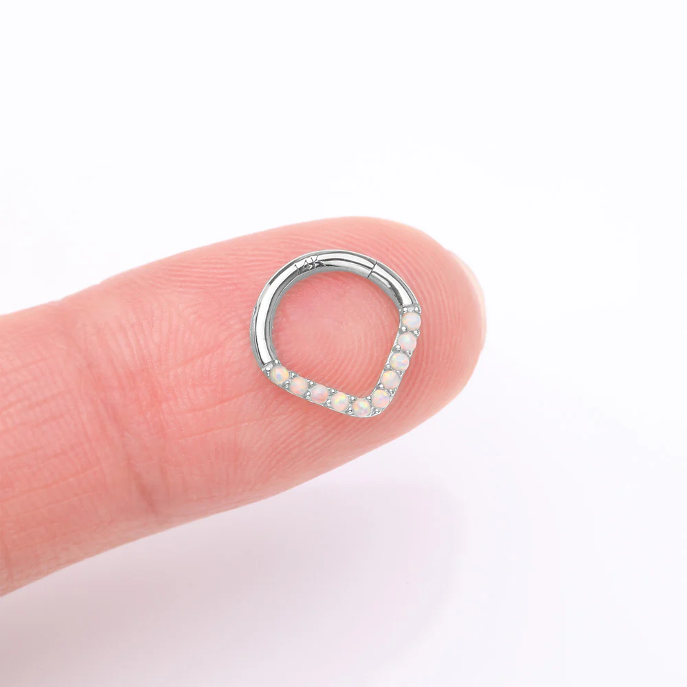 14 Karat White Gold Fire Opal Sparkle Chevron Clicker Hoop Ring - Image 3