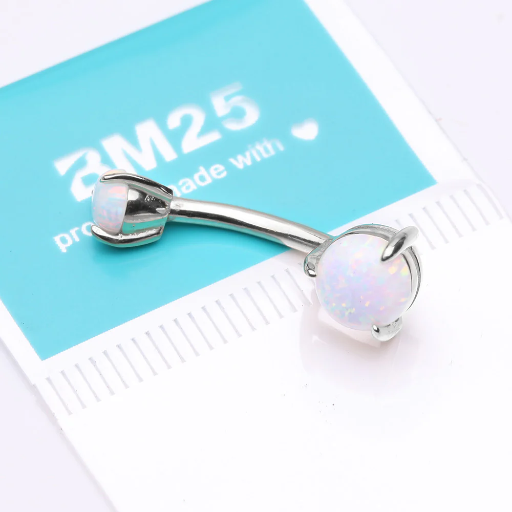 14 Karat White Gold Fire Opal Sparkle Double Prong Belly Button Ring - Image 4
