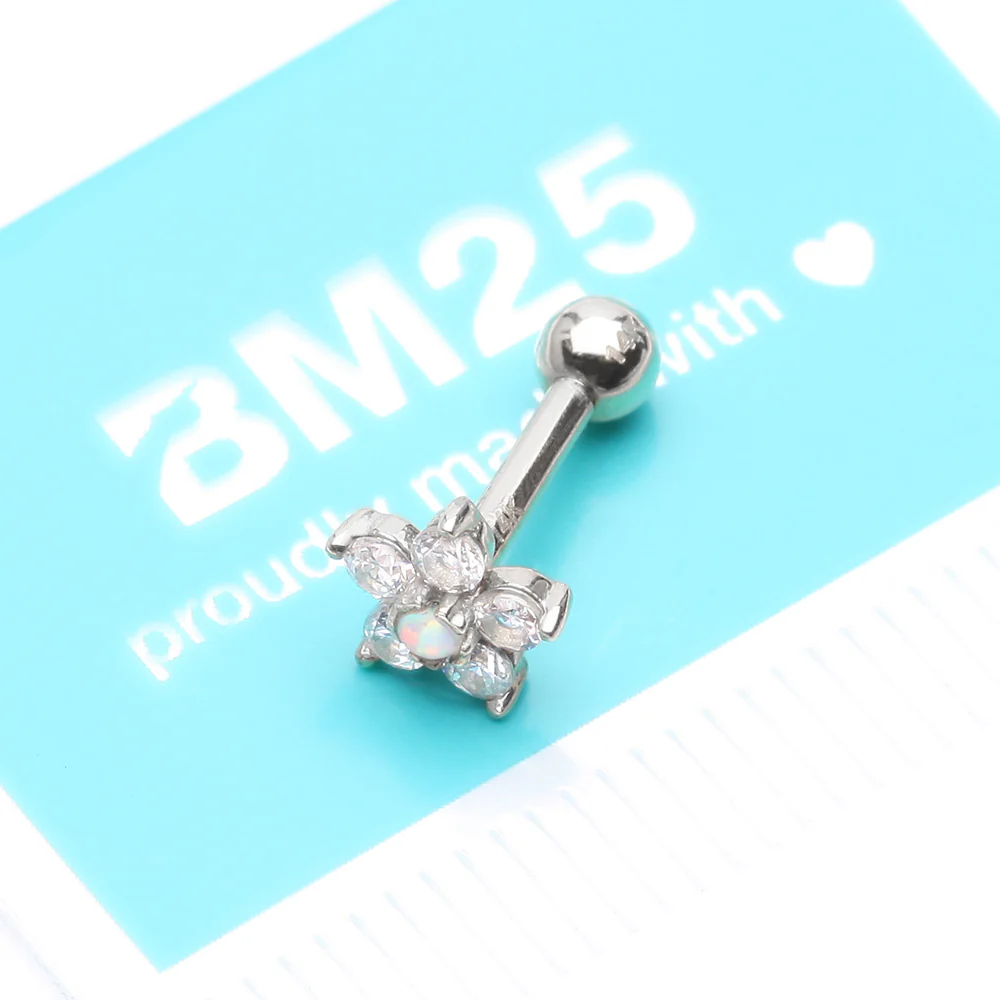 14 Karat White Gold Fire Opal Sparkle Gems Flower Cartilage Tragus Barbell - Image 5