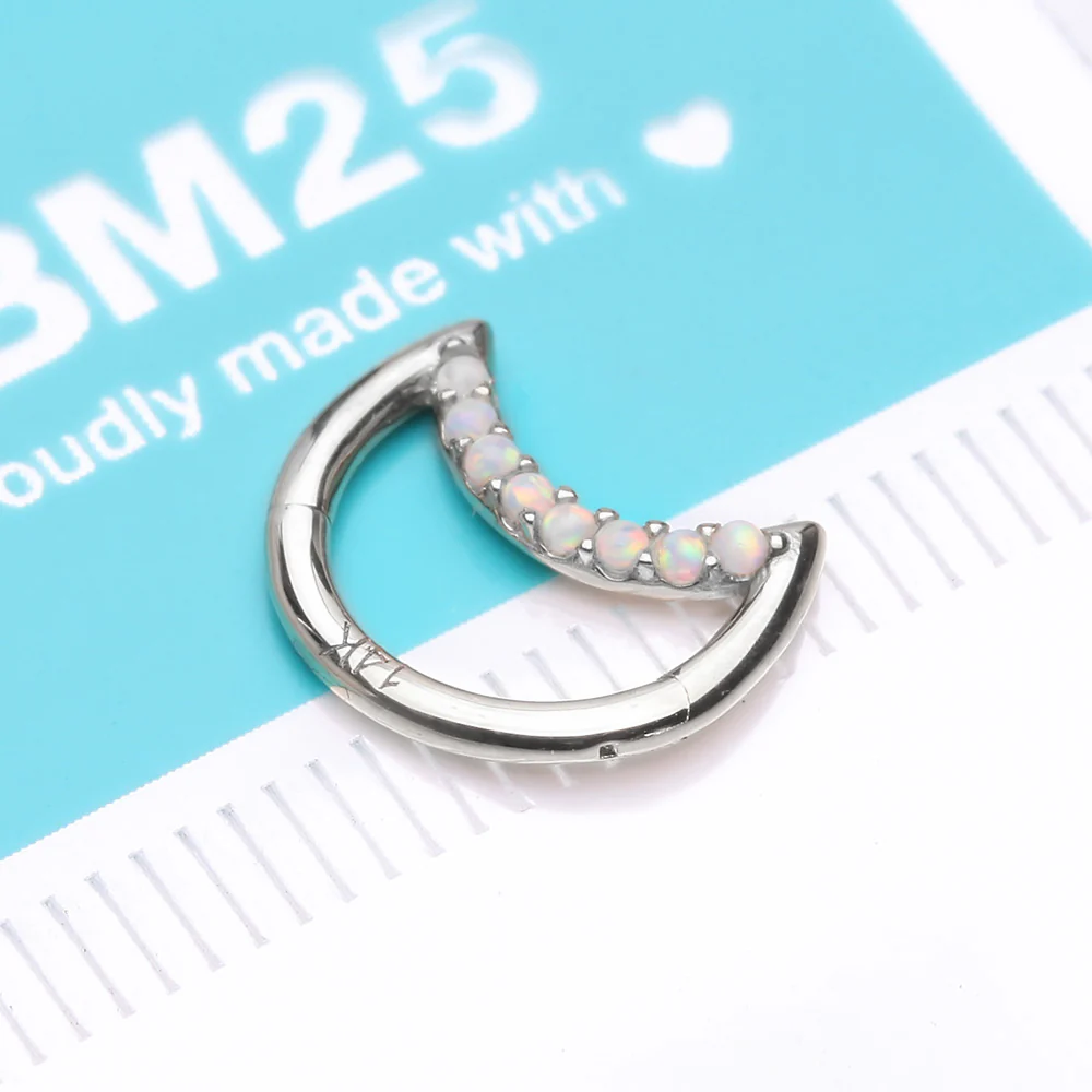 14 Karat White Gold Fire Opal Sparkle Lined Crescent Moon Seamless Clicker Hoop Ring - Image 3