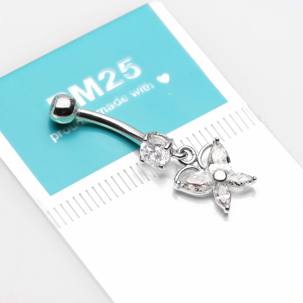 14 Karat White Gold Grand Butterfly Marquise Sparkle Dangle Belly Button Ring - Image 4