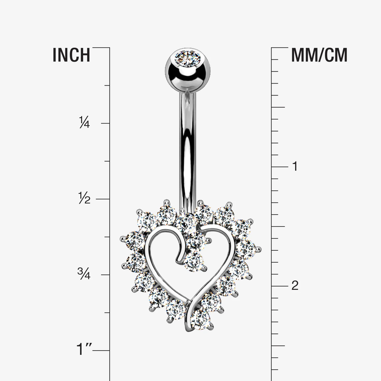 14 Karat White Gold Hollow Heart Floret Sparkle Belly Button Ring - Image 2