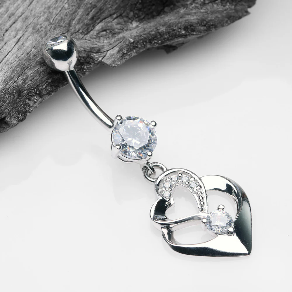 14 Karat White Gold Luscious Heart Twirl Sparkle Belly Button Ring - Image 3