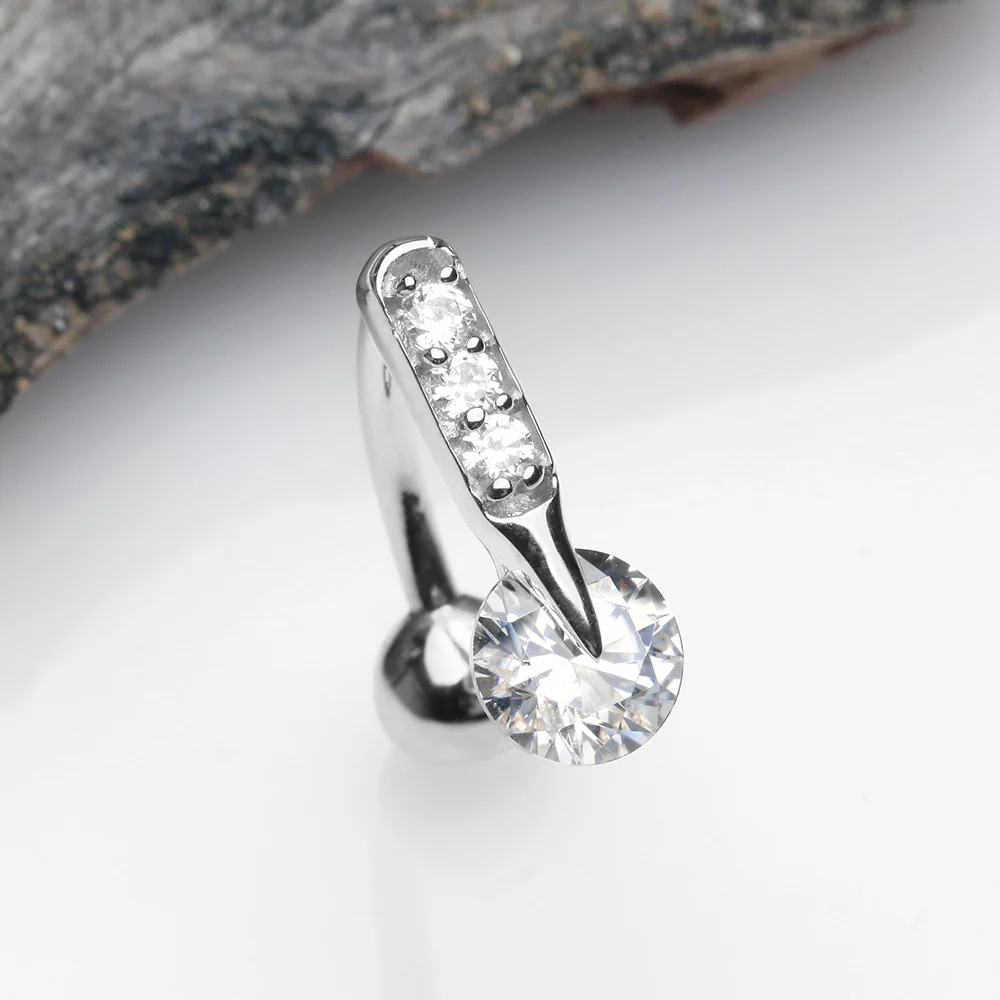 14 Karat White Gold Luscious Sparkle Bar Reverse Belly Button Ring - Image 3