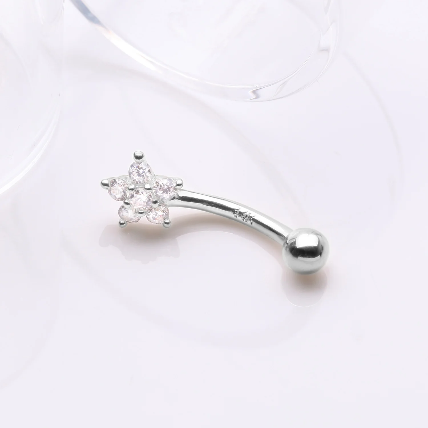 14 Karat White Gold Prong Set Brilliant Flower Gem Sparkle Curved Barbell - Image 2