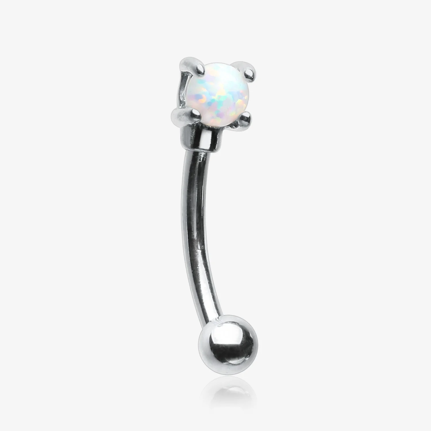 14 Karat White Gold Prong Set Fire Opal Sparkle Curved Barbell