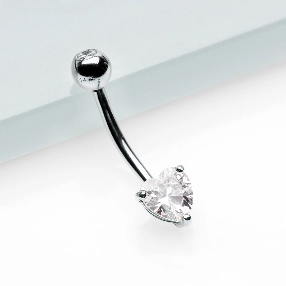 14 Karat White Gold Prong Set Heart Gem Belly Button Ring - Image 3