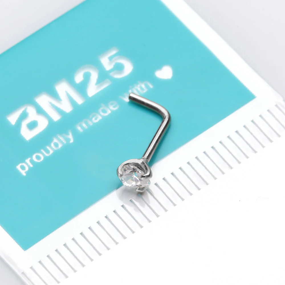 14 Karat White Gold Prong Set Heart Sparkle L-Shaped Nose Ring - Image 3