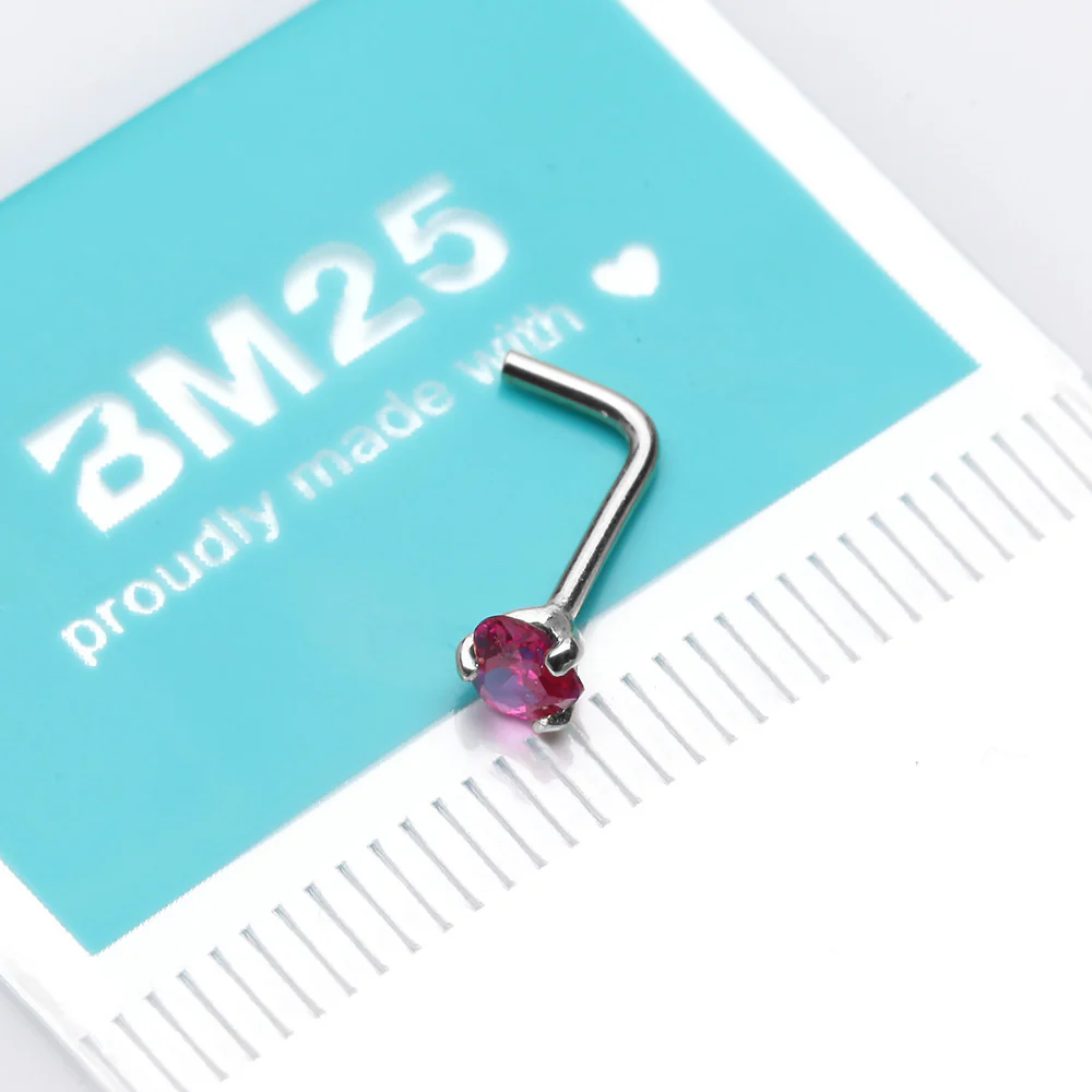 14 Karat White Gold Prong Set Heart Sparkle L-Shaped Nose Ring - Image 3