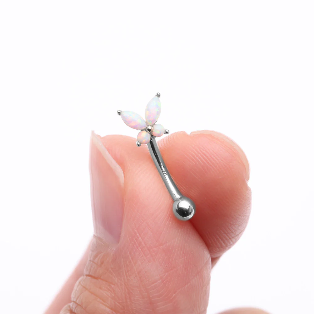 14 Karat White Gold Prong Set Marquise Butterfly Fire Opal Sparkle Curved Barbell - Image 3
