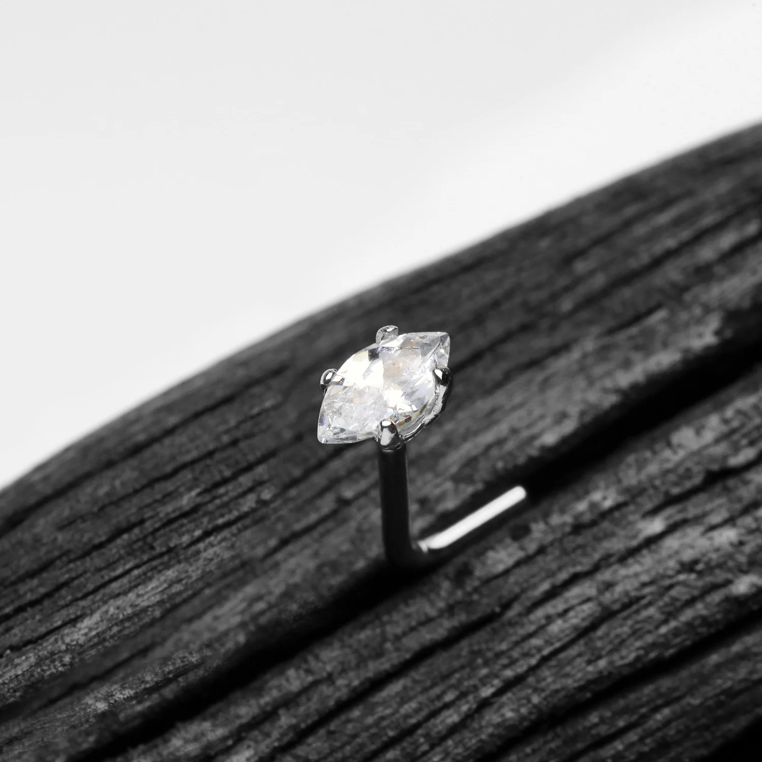 14 Karat White Gold Prong Set Marquise Gem Sparkle L-Shaped Nose Ring - Image 2