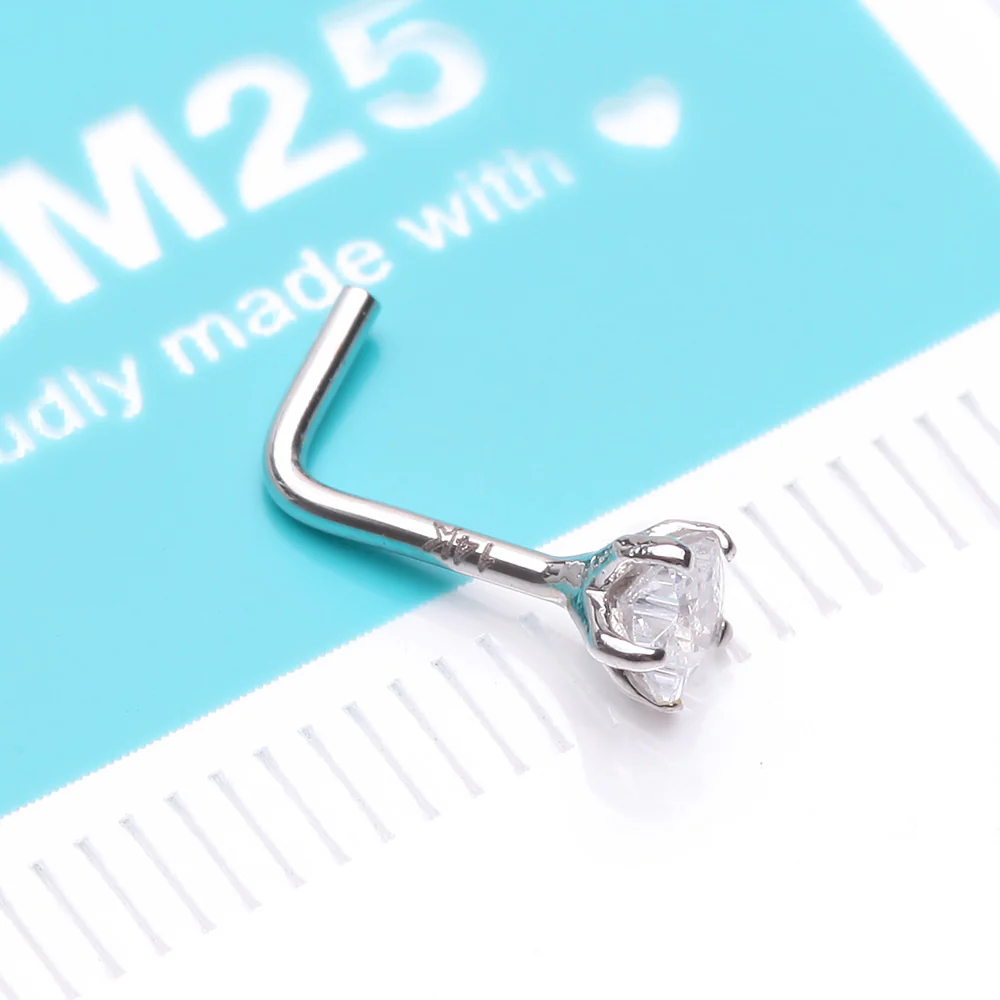 14 Karat White Gold Prong Set Star Gem Top L-Shaped Nose Ring - Image 5