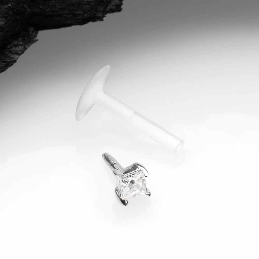 14 Karat White Gold Push-In Prong Set Princess Cut Square Gem Top Bio-Flex Labret - Image 3