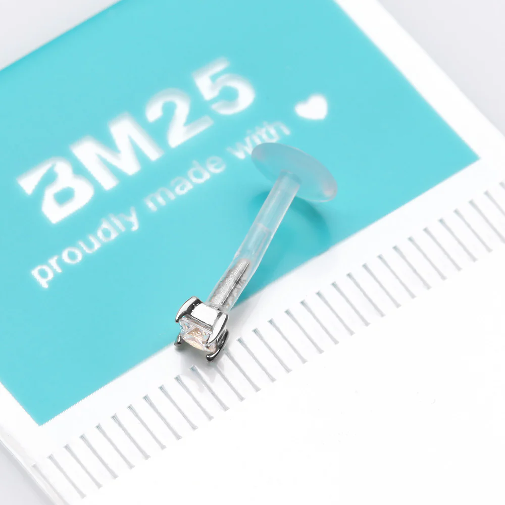 14 Karat White Gold Push-In Prong Set Princess Cut Square Gem Top Bio-Flex Labret - Image 4