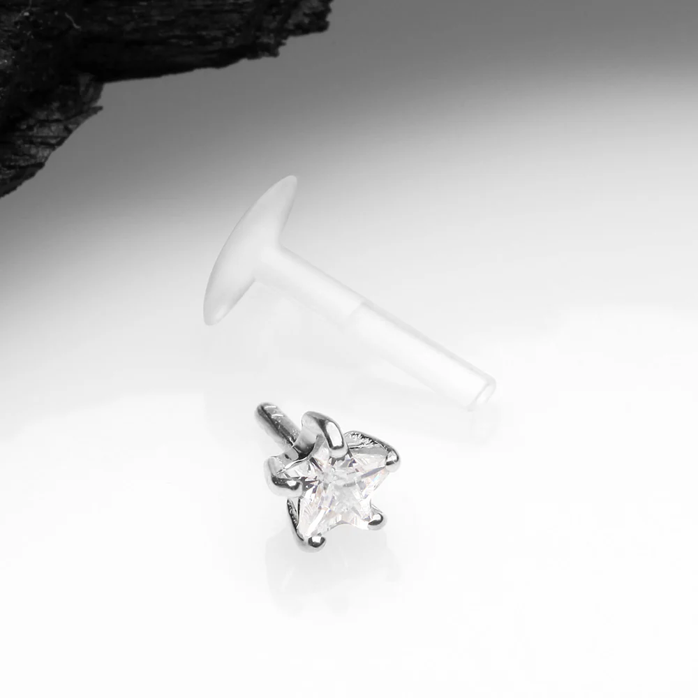 14 Karat White Gold Push-In Prong Set Star Gem Top Bio-Flex Labret - Image 3