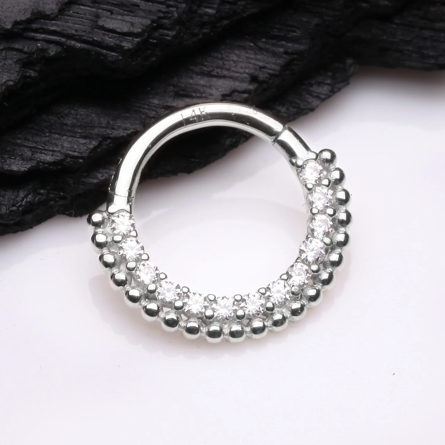 14 Karat White Gold Royal Bali Beads Arc Sparkle Seamless Clicker Hoop Ring - Image 2