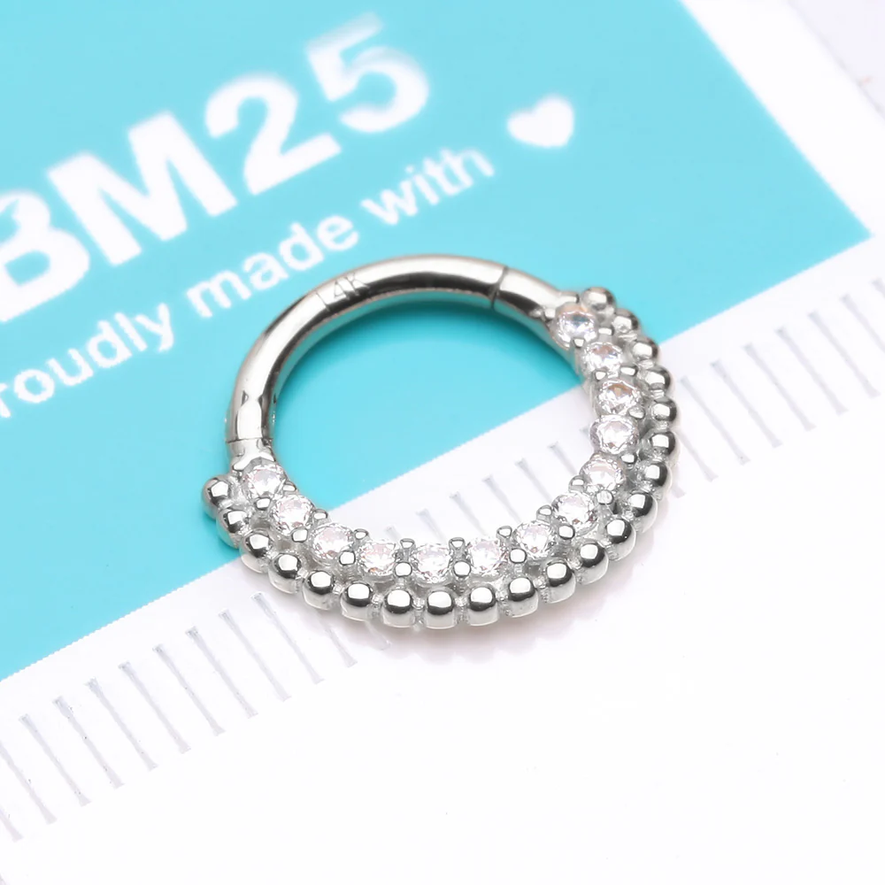 14 Karat White Gold Royal Bali Beads Arc Sparkle Seamless Clicker Hoop Ring - Image 3