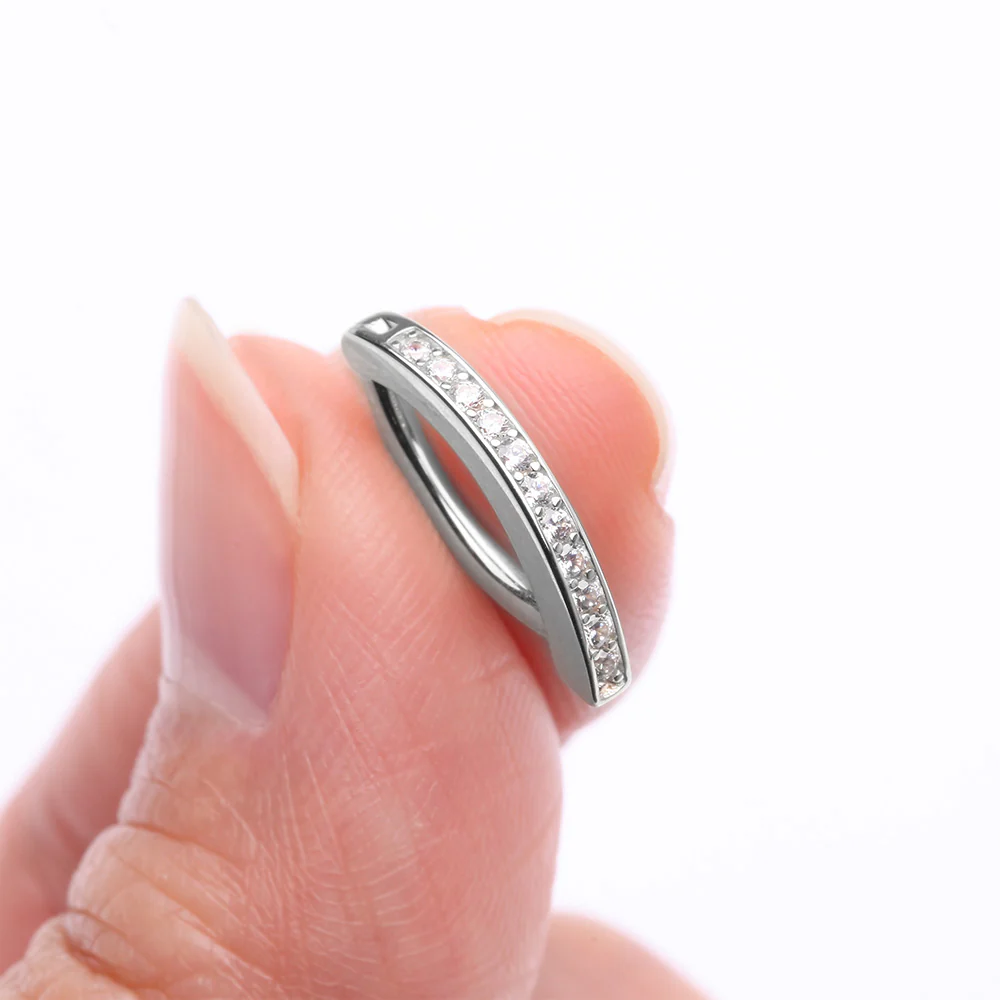 14 Karat White Gold Sparkle Gem Lined Minimalist Curved Bar Belly Clicker - Image 4